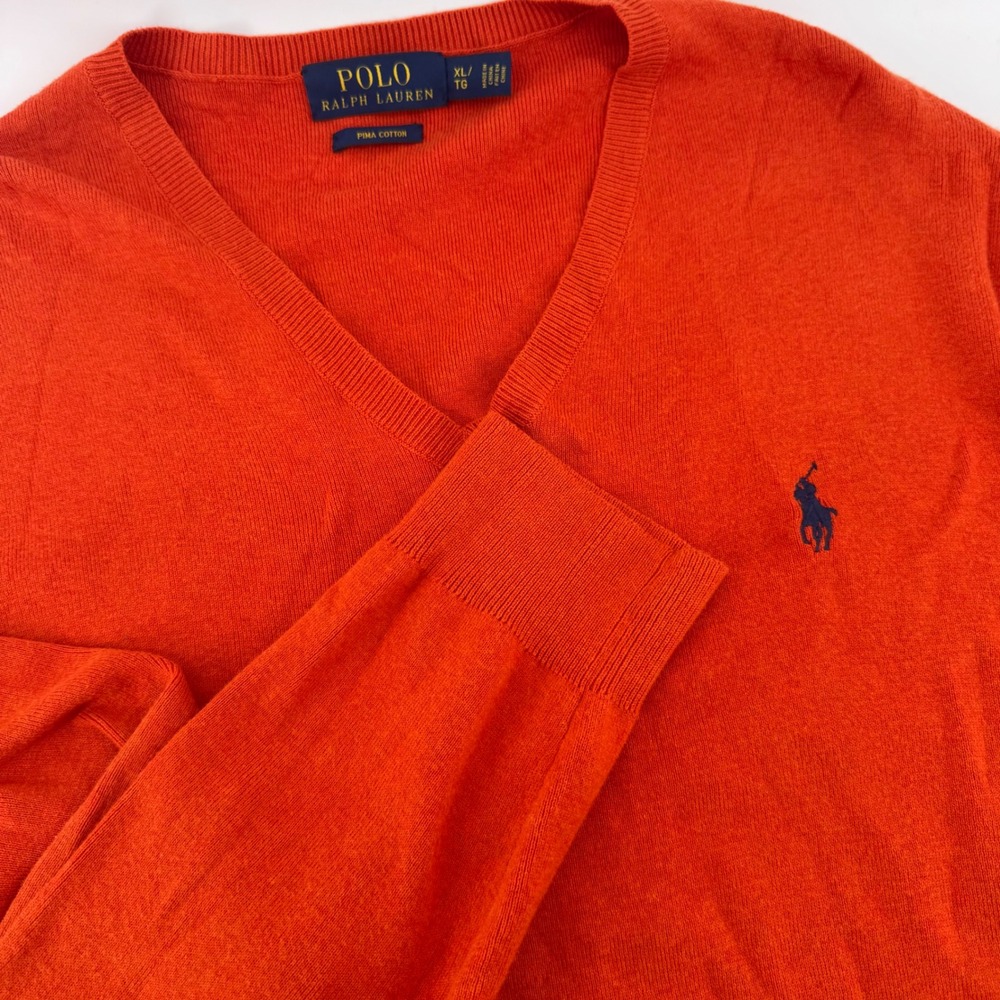 Polo Ralph Lauren Mens XL Pima Cotton V-Neck Sweater Orange Navy Pony Logo